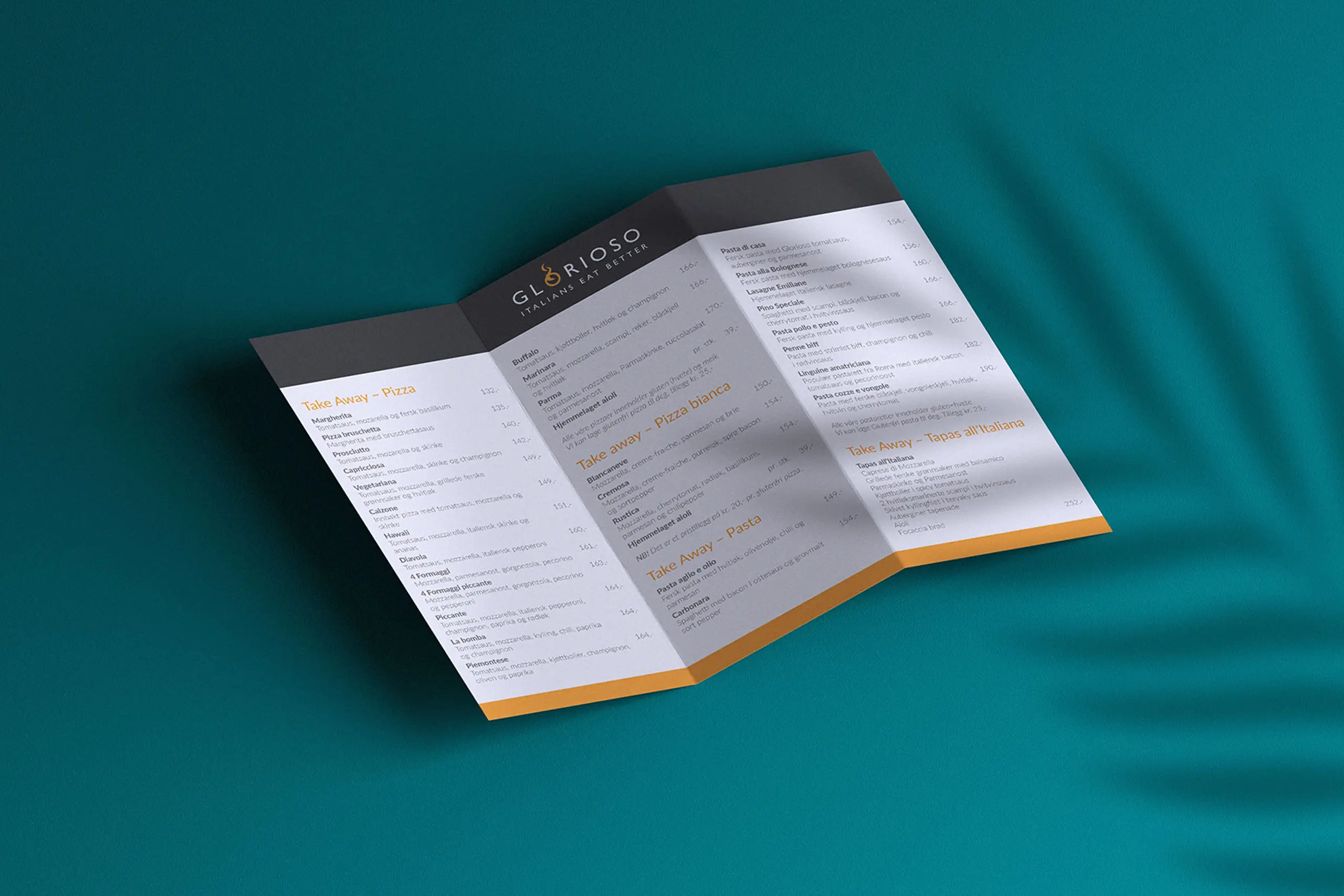 Takeawaymeny for Restaurant Glorioso brettet i rullefals